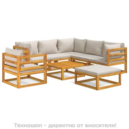 Градински комплект със светлосиви възглавници, 8 части, масив