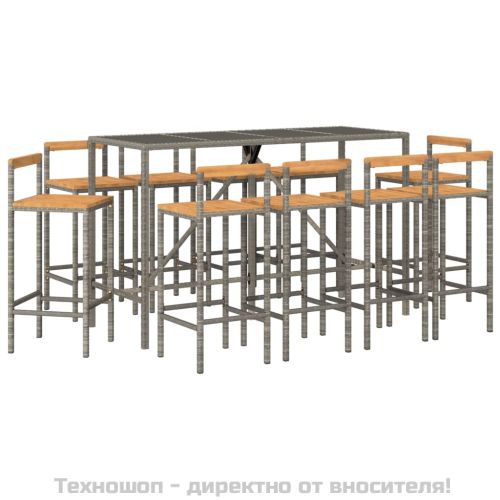 Градински бар комплект 11 части сив полиратан и акация масив