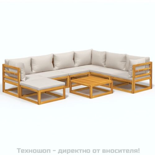 Градински комплект със светлосиви възглавници, 8 части, масив