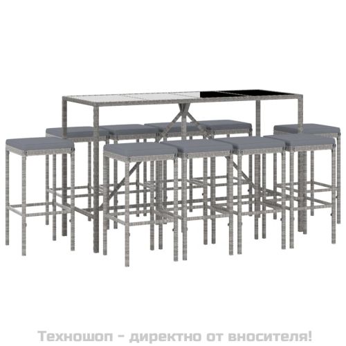 Градински бар комплект с възглавници 11 части сив полиратан