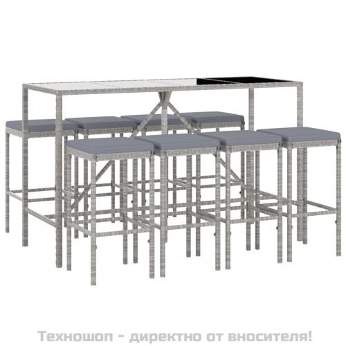 Градински бар комплект с възглавници 9 части сив полиратан
