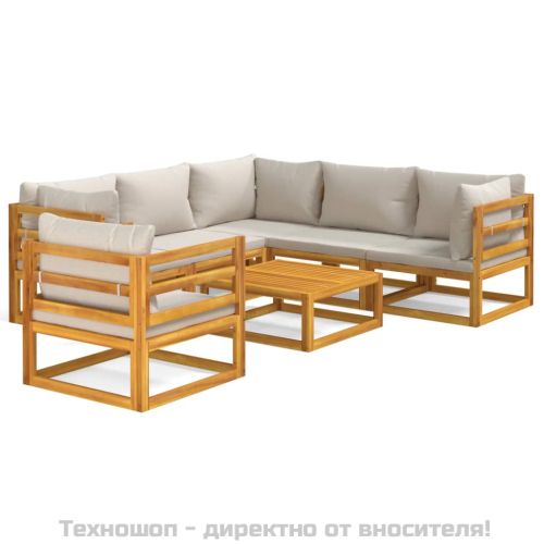 Градински комплект със светлосиви възглавници, 7 части, масив