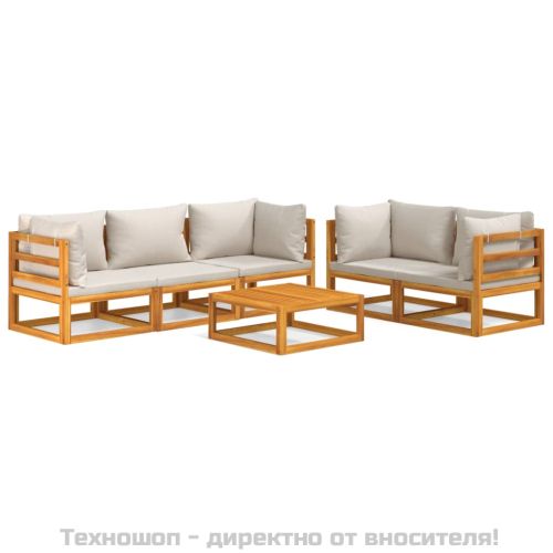 Градински комплект със светлосиви възглавници, 6 части, масив