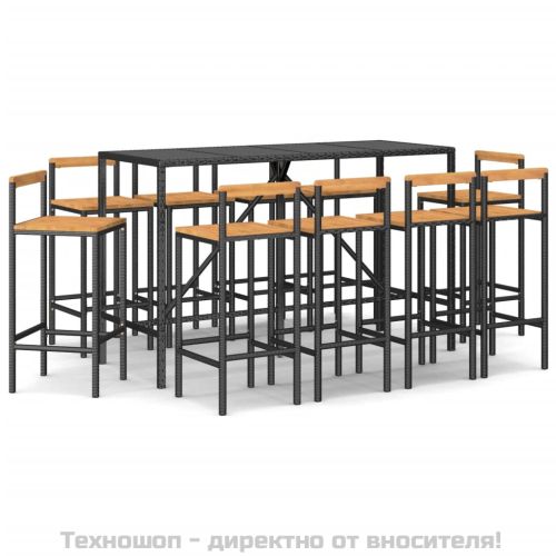Градински бар комплект 11 части черен полиратан и акация масив