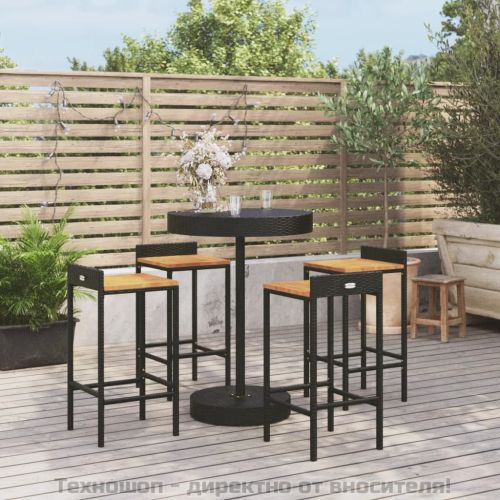 Градински бар комплект 5 части черен полиратан и акация масив