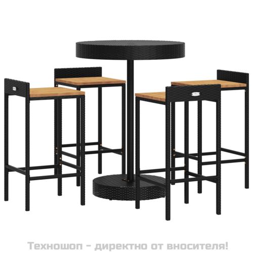 Градински бар комплект 5 части черен полиратан и акация масив