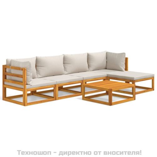 Градински комплект със светлосиви възглавници, 6 части, масив