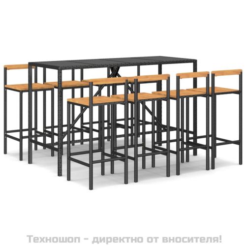 Градински бар комплект 9 части черен полиратан и акация масив