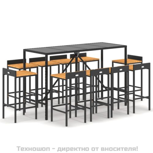 Градински бар комплект 11 части черен полиратан и акация масив
