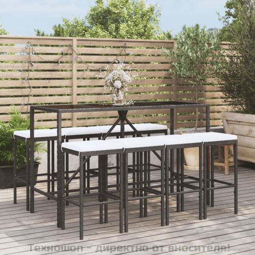 Градински бар комплект с възглавници 9 части черен полиратан