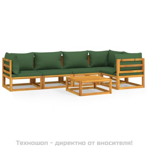 Градински комплект със зелени възглавници, 6 части, дърво масив