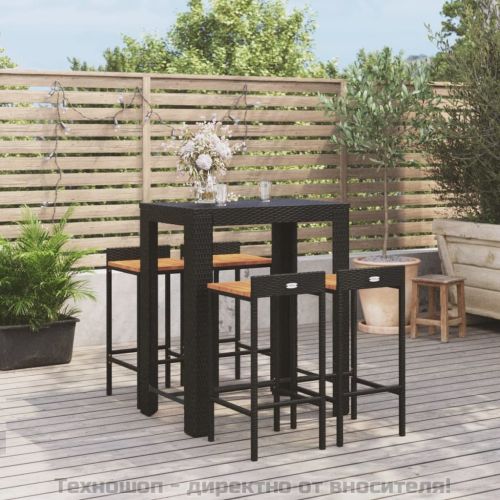 Градински бар комплект 5 части черен полиратан и акация масив