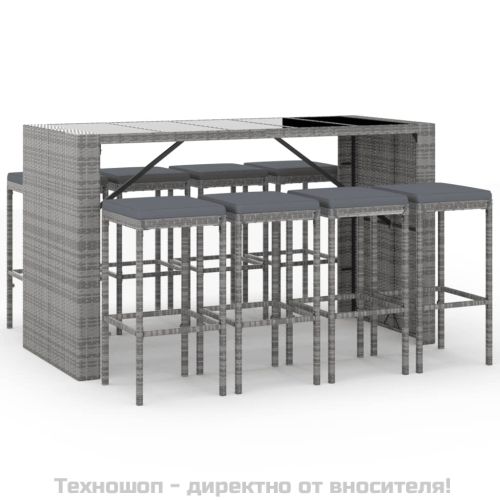 Градински бар комплект с възглавници 9 части сив полиратан