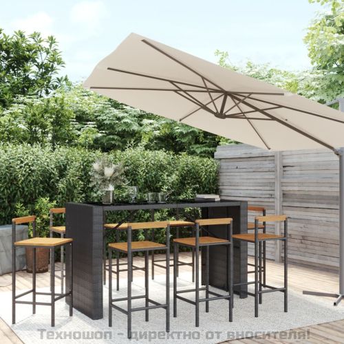 Градински бар комплект 9 части черен полиратан и акация масив