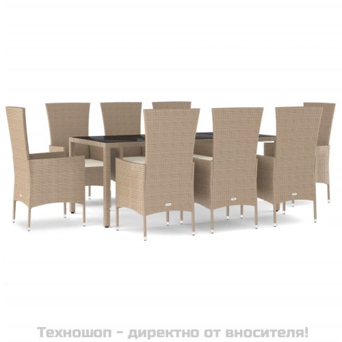 Градински комплект с възглавници, 9 части, бежов полиратан