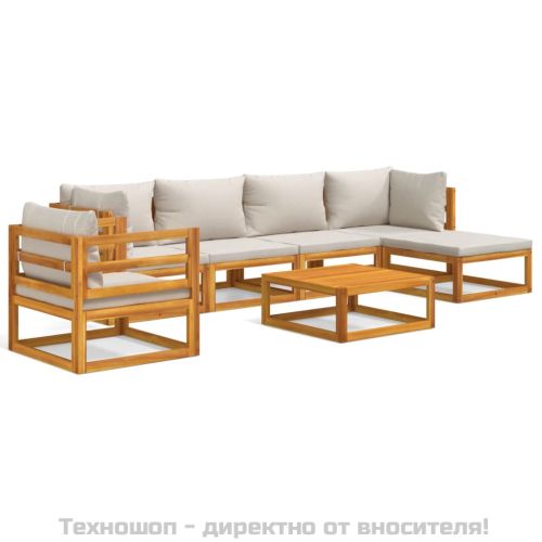 Градински комплект със светлосиви възглавници, 7 части, масив