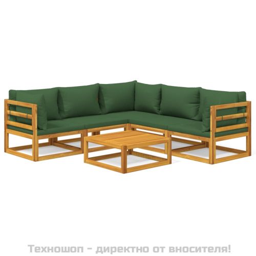 Градински комплект със зелени възглавници, 6 части, дърво масив