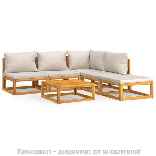 Градински комплект със светлосиви възглавници, 6 части, масив