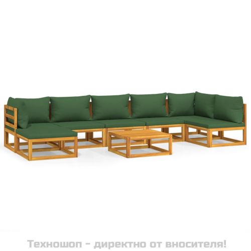 Градински комплект със зелени възглавници, 8 части, дърво масив