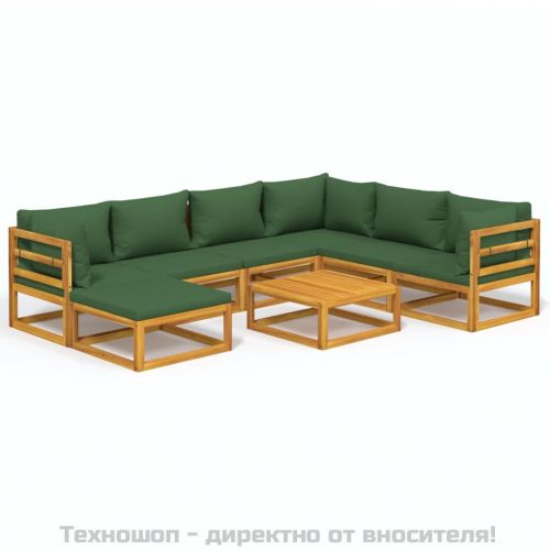 Градински комплект със зелени възглавници, 8 части, дърво масив