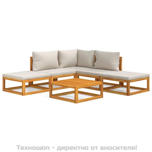 Градински комплект със светлосиви възглавници, 6 части, масив