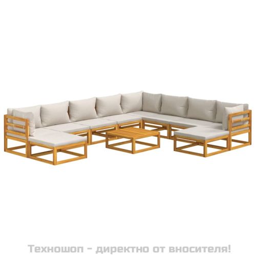 Градински комплект със светлосиви възглавници, 11 части, масив
