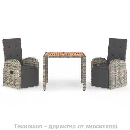 Градински трапезен комплект 3 части с възглавници сив полиратан