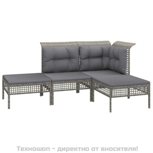 Градински лаундж комплект с възглавници 4 части сив полиратан