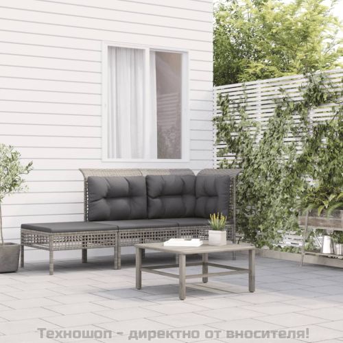Градински лаундж комплект с възглавници 3 части сив полиратан