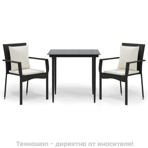 Градински комплект от 3 части с възглавници черни полиратан