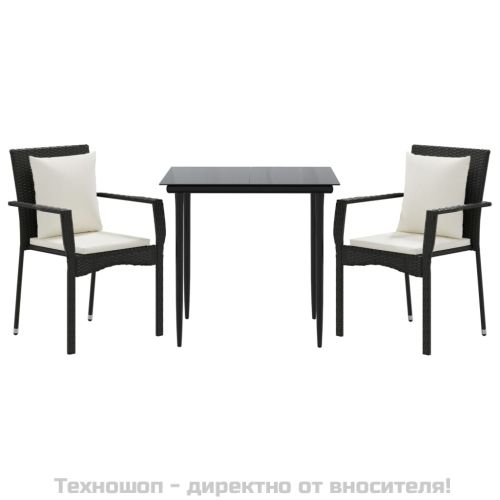 Градински комплект от 3 части с възглавници черни полиратан