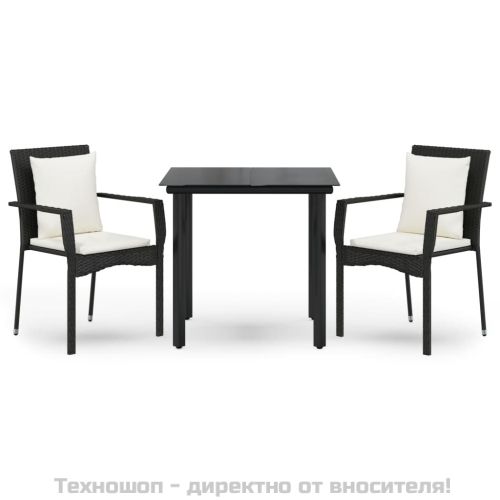 Градински комплект от 3 части с възглавници черни полиратан