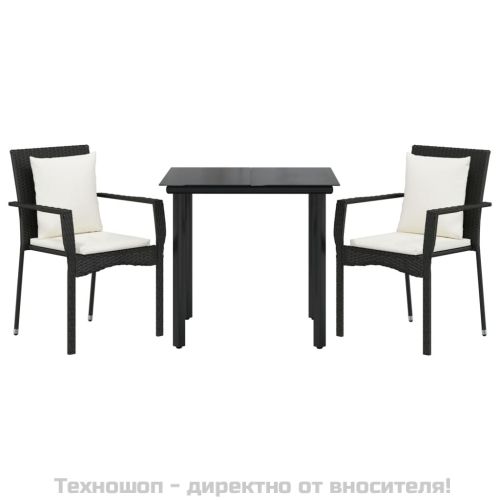 Градински комплект от 3 части с възглавници черни полиратан