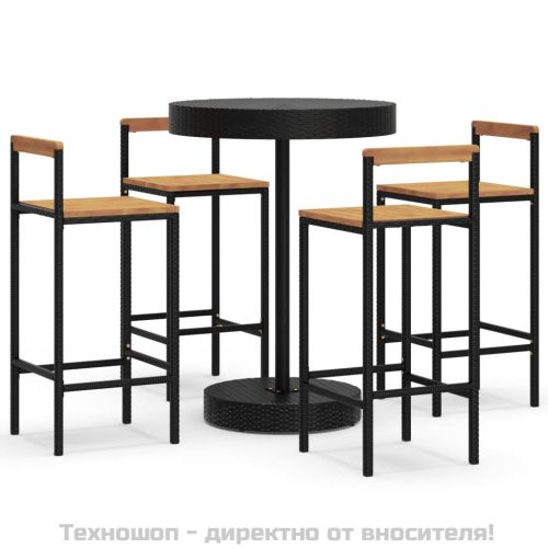 Градински бар комплект 5 части черен полиратан и акация масив