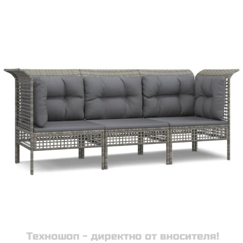 Градински лаундж комплект с възглавници 3 части сив полиратан