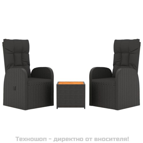 Градински лаундж комплект 3 части черен полиратан/акация масив