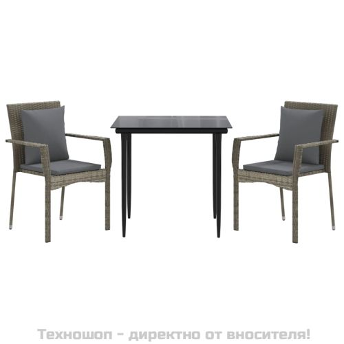 Градински трапезен комплект 3 части с възглавници сив полиратан