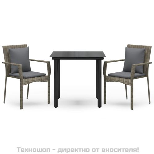 Градински трапезен комплект 3 части с възглавници сив полиратан