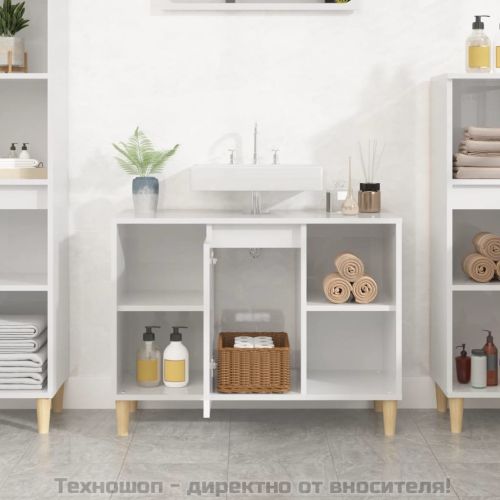 Шкаф за мивка, бял гланц, 80x33x60 см, инженерно дърво