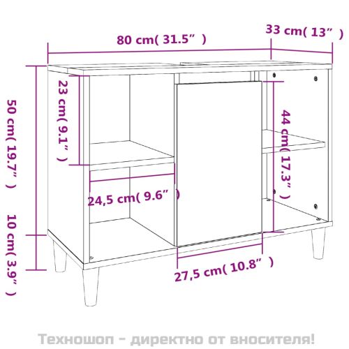 Шкаф за мивка, бял гланц, 80x33x60 см, инженерно дърво