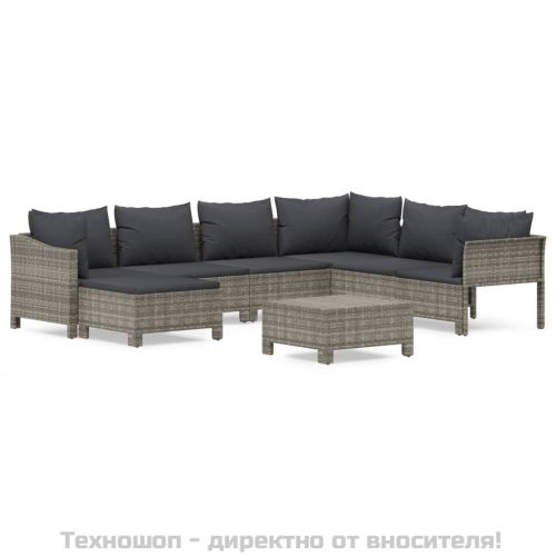 Градински комплект с възглавници, 8 части, полиратан, сив