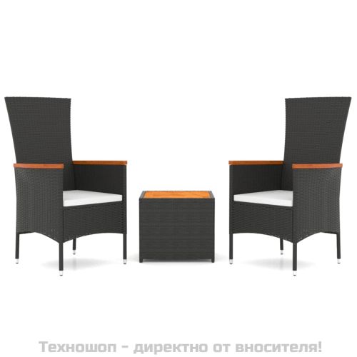 Градински лаундж комплект 3 части черен полиратан/акация масив