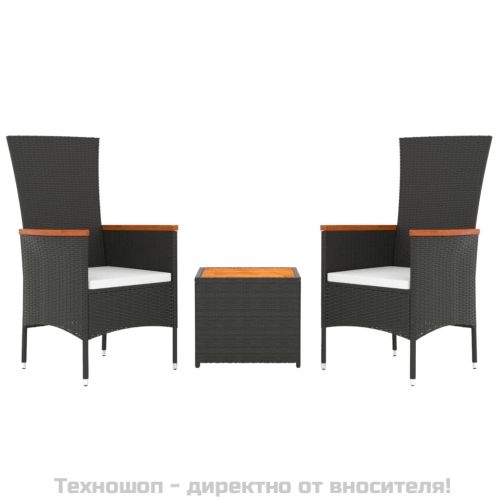 Градински лаундж комплект 3 части черен полиратан/акация масив