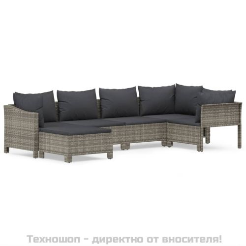 Градински комплект с възглавници, 6 части, полиратан, сив