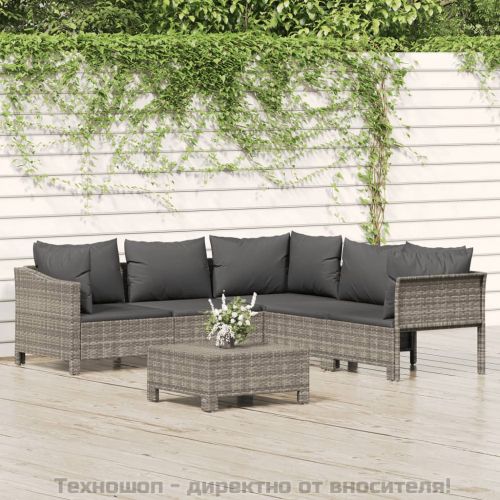 Градински комплект с възглавници, 6 части, полиратан, сив