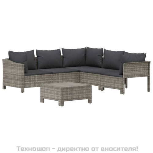 Градински комплект с възглавници, 6 части, полиратан, сив