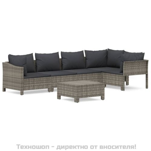 Градински комплект с възглавници, 6 части, полиратан, сив