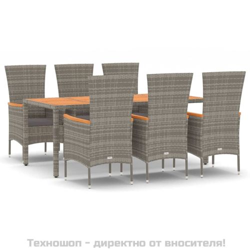 Градински трапезен комплект 7 части с възглавници сив полиратан