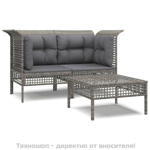 Градински лаундж комплект с възглавници 3 части сив полиратан