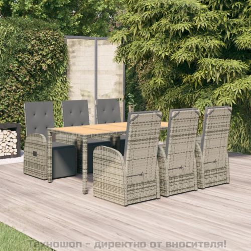 Градински трапезен комплект 7 части с възглавници сив полиратан